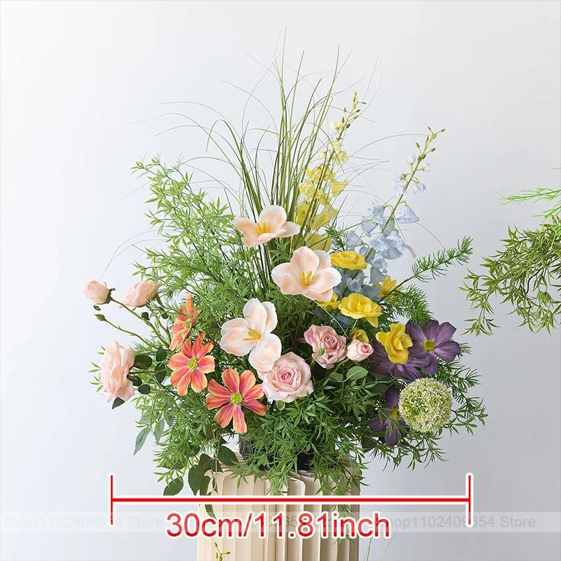 décoration murale bouquet fleurs artificielles roses blanches jaunes bleues feuilles vertes mariage fête événement