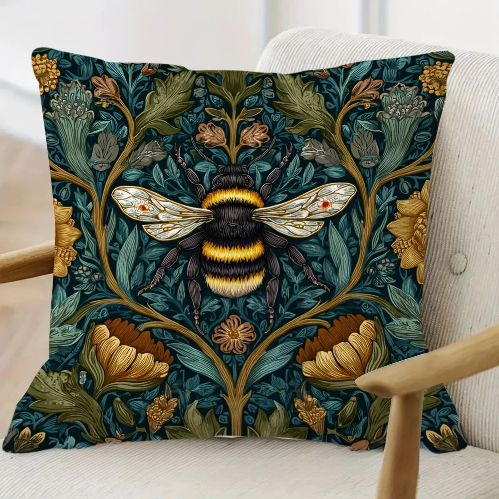 housse coussin vintage floral abeilles polyester bleu foncé vert beige jaune salon chambre opacité