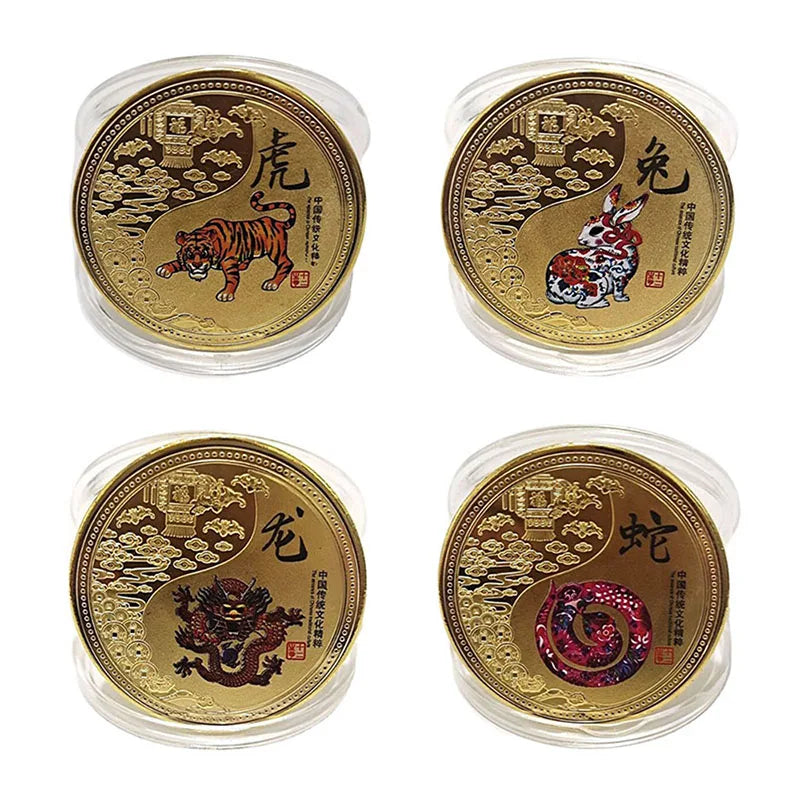 médailles zodiaque chinois animaux symboles yin yang decoration florale or rouge noire bleu verte