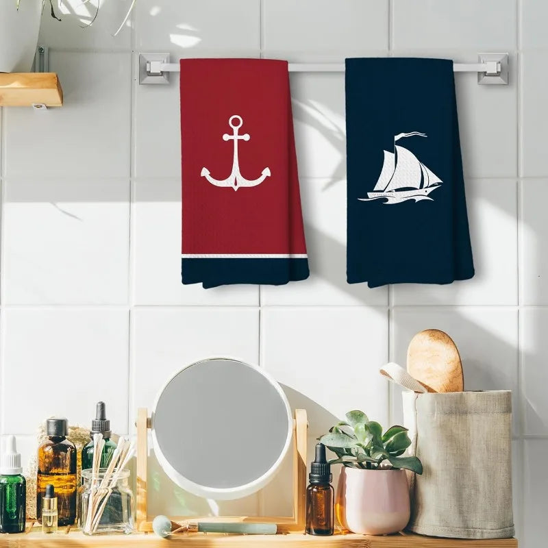 serviettes cuisine marin motifs ancre voilier bleu rouge blanc dobby clips mural rapide absorbant