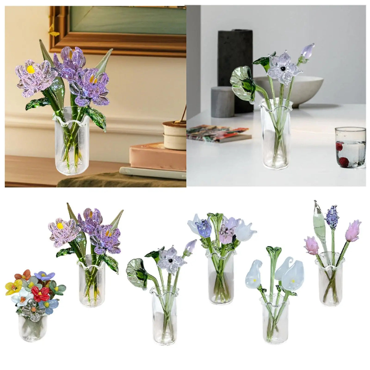 bouquet fleurs artificielles vase verre transparent violet blanc vert moderne minimaliste décoration intérieure anniversaire