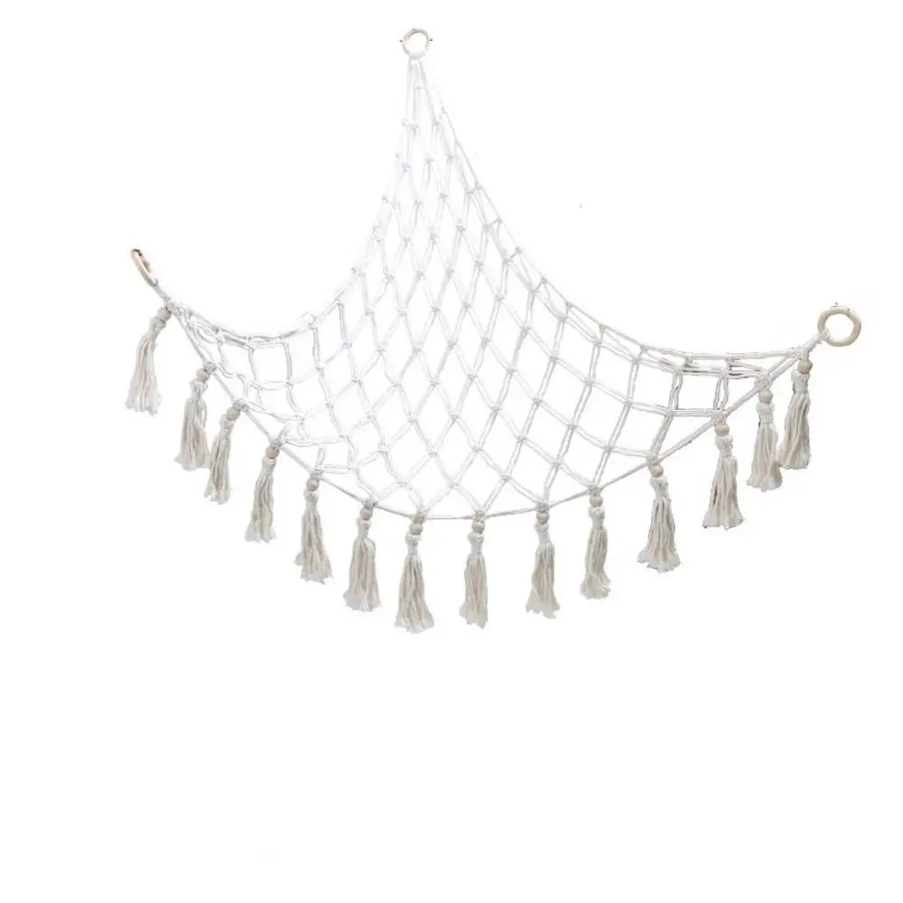 filet suspendu rose blanc maille régulière franges anneaux métalliques réutilisable créatif artisanal