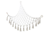filet suspendu rose blanc maille régulière franges anneaux métalliques réutilisable créatif artisanal