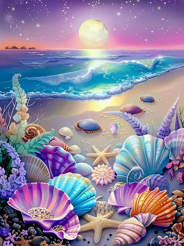 tableau peindre numéro paysage marin coquillages étoiles mer coucher soleil pinceaux couleurs instructions