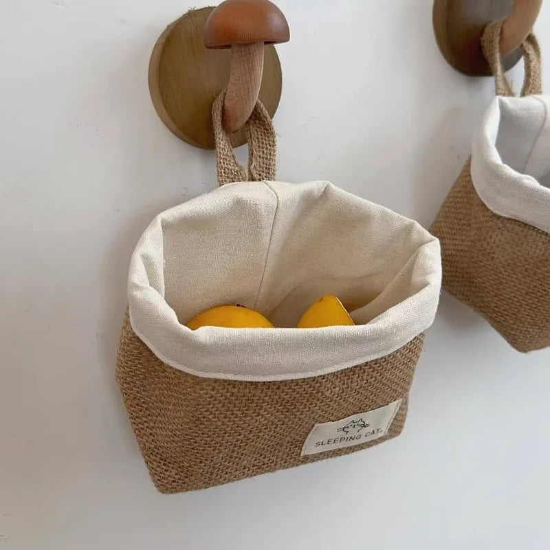panier toile jute motif chat blanc beige rustique rangement décoration