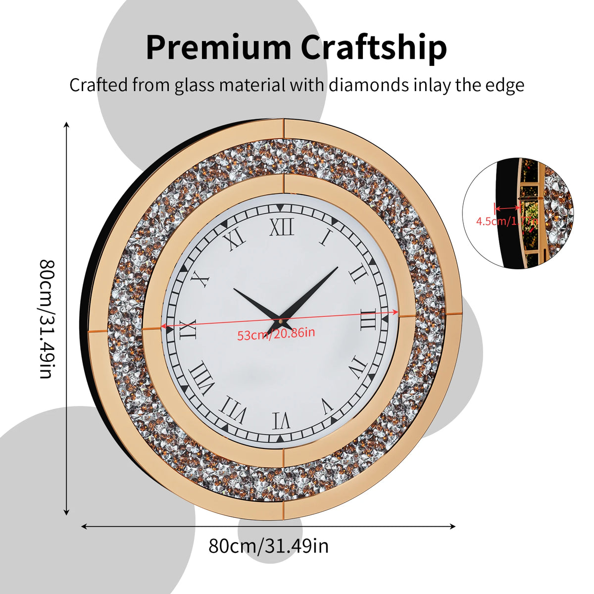 horloge murale moderne or strass 80cm quartz aiguille miroir salon