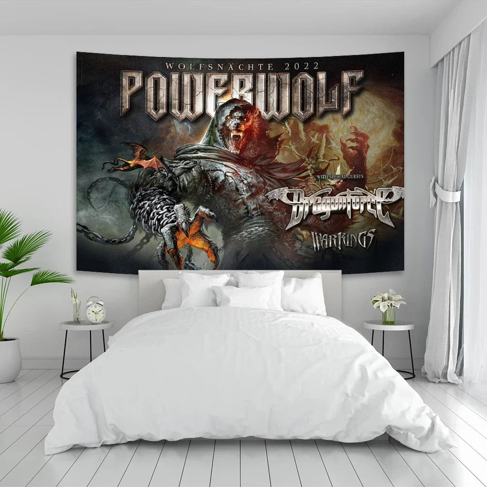 tapisserie graphique powerwolf rouge jaune bleu noir bohème hippie décoration intérieure chambre