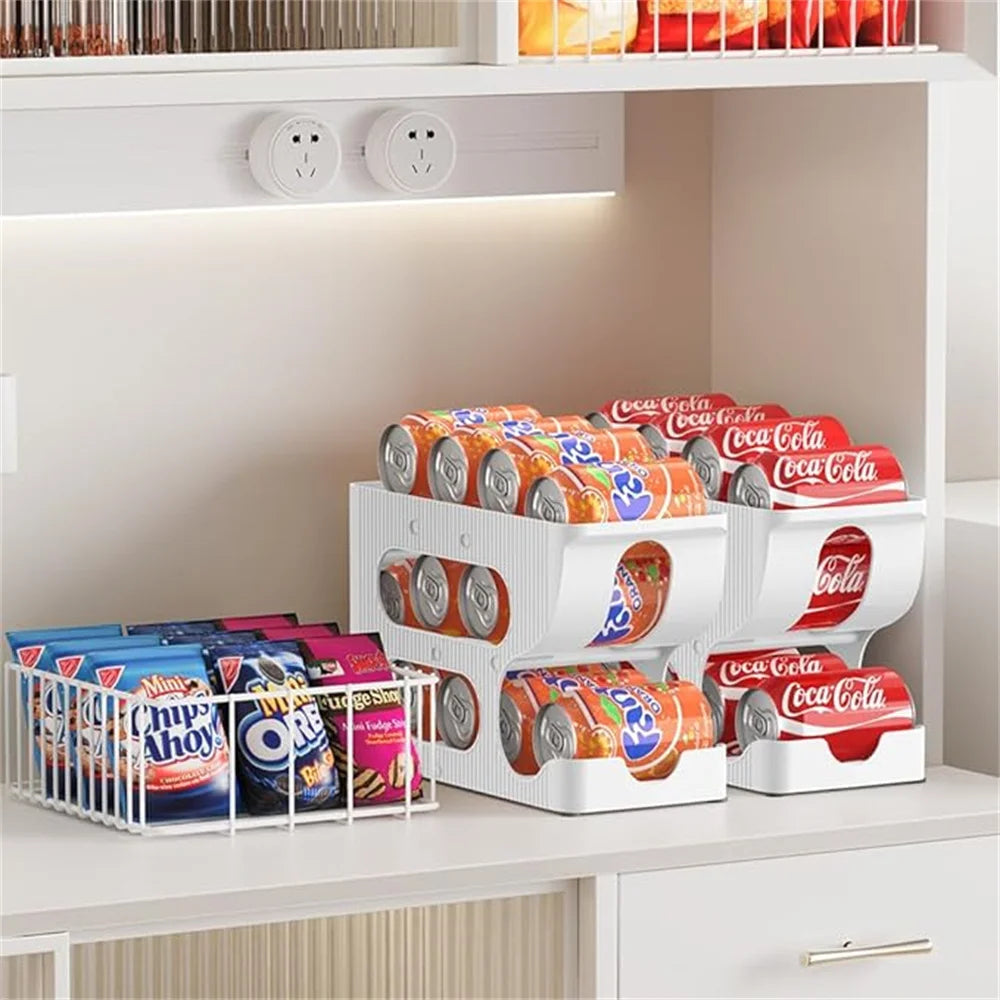 rangement canettes soda blanc moderne pieds antidérapants Coca Cola Fanta bouteilles lait snacks emballés