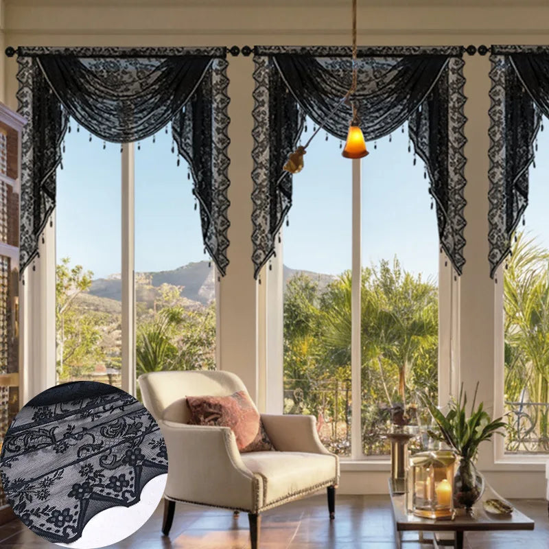 rideau voilé dentelle fleur romantique chambre maison noir blanc gris translucide tringle rideau