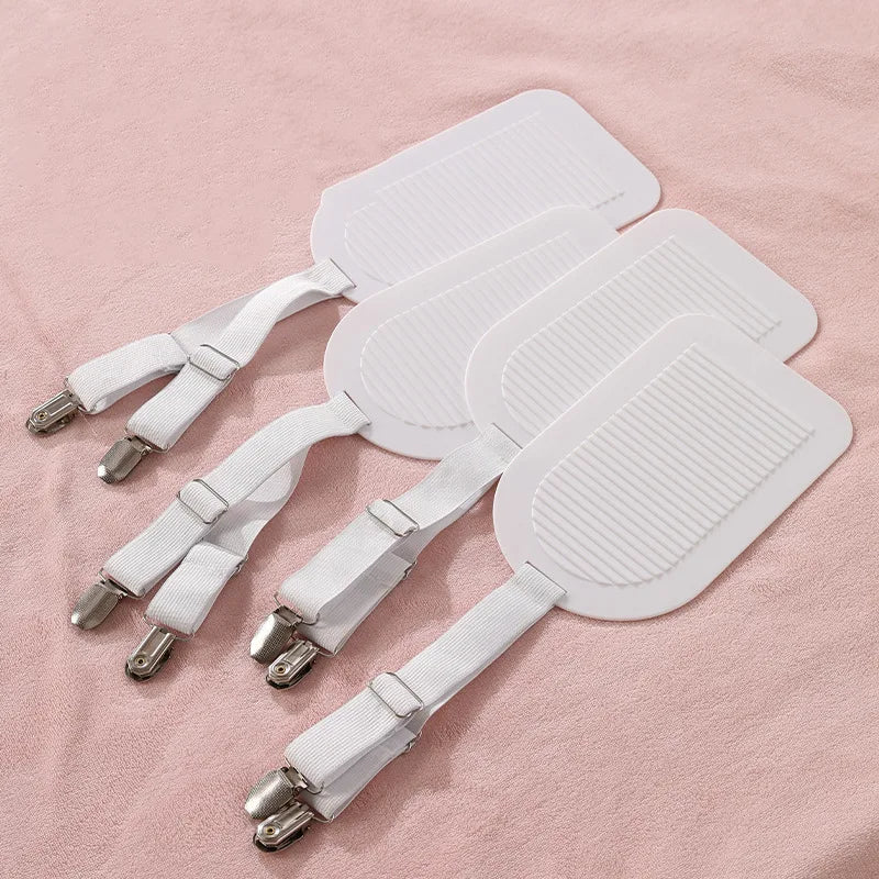 clips draps lit réglables antidérapants attaches matelas blanc gris rose pâle minimaliste utilitaire