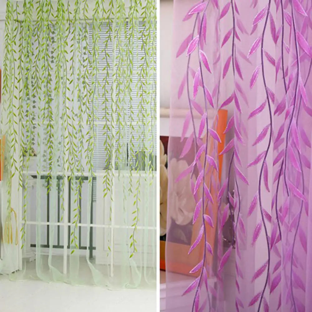 rideaux tulle transparents motif feuilles brodées romantique couleur verte violette fenêtre maison
