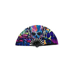 éventail pliant bambou tissu noir multicolore motif géométrique classique moderne