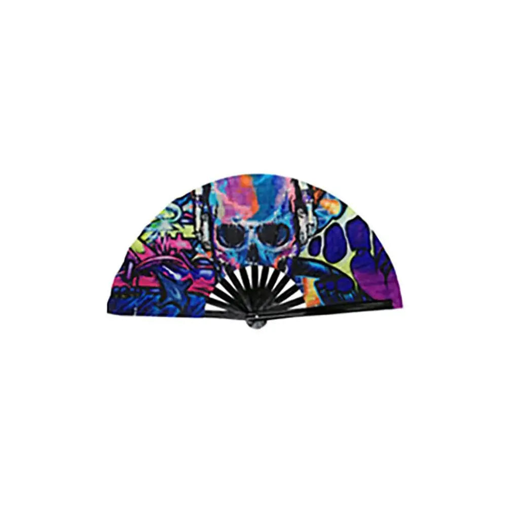 éventail pliant bambou tissu noir multicolore motif géométrique classique moderne