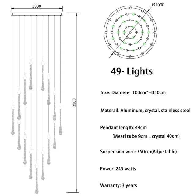 suspension lumineuse or gouttelettes contemporaine 18 lumières spiral transparent élégante