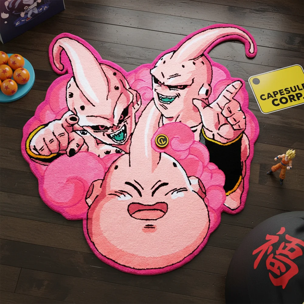 tapis anime dragon ball majin buu evolution rose blanc noir velours belge 6mm 100cm
