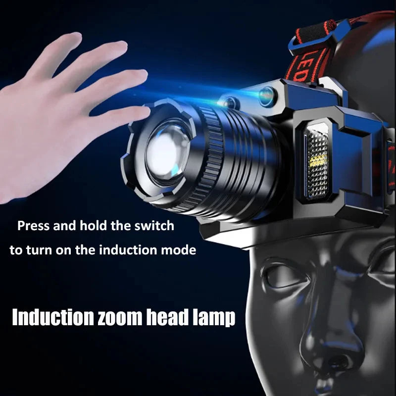 lampe frontale led noire bleue rouge sensor camping travail pêche chasse