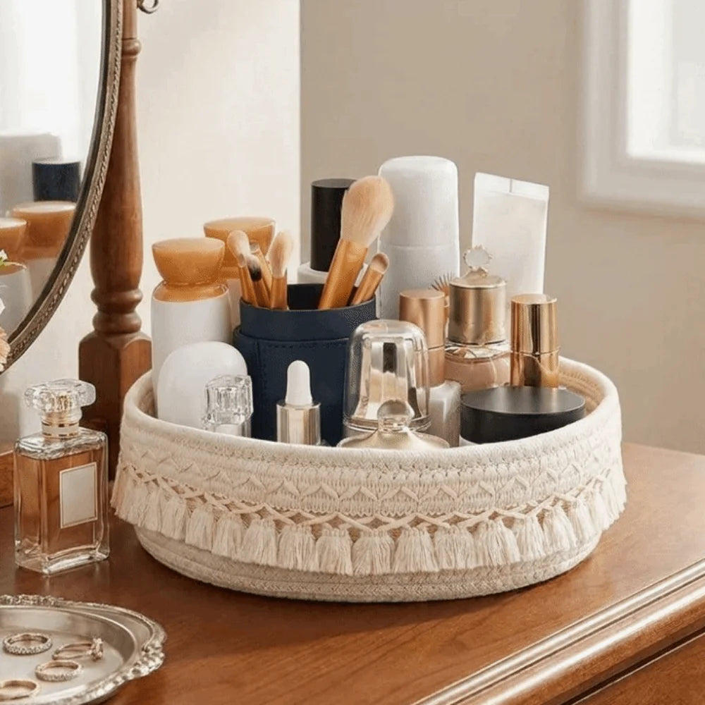 panier tissé boho chic beige noir franges rangement cosmétiques réutilisable multifonction opacité