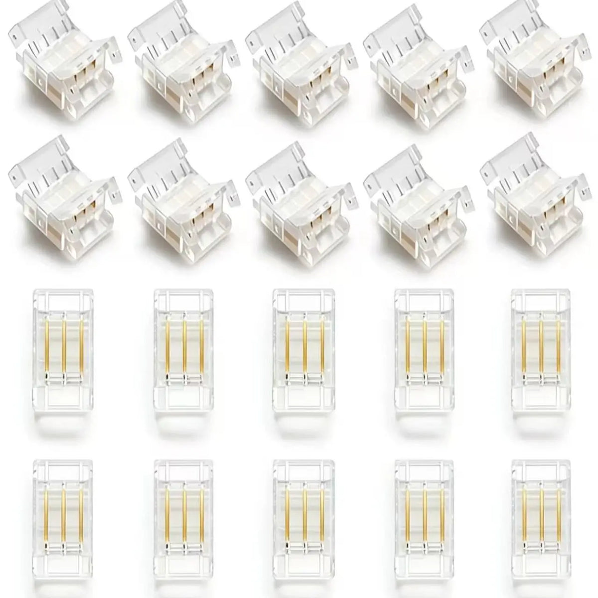 connecteurs led transparents broches dorées clips modernes 24v basse tension câbles colorés rouge vert