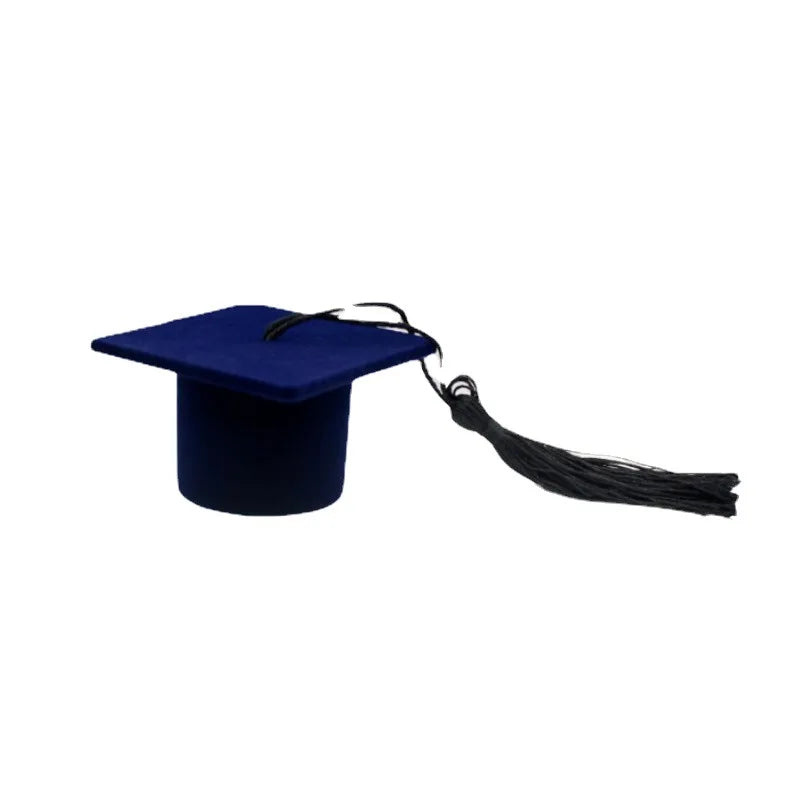boîte bijoux mini chapeau graduation velours noir bleu marine classique or anneaux lunettes