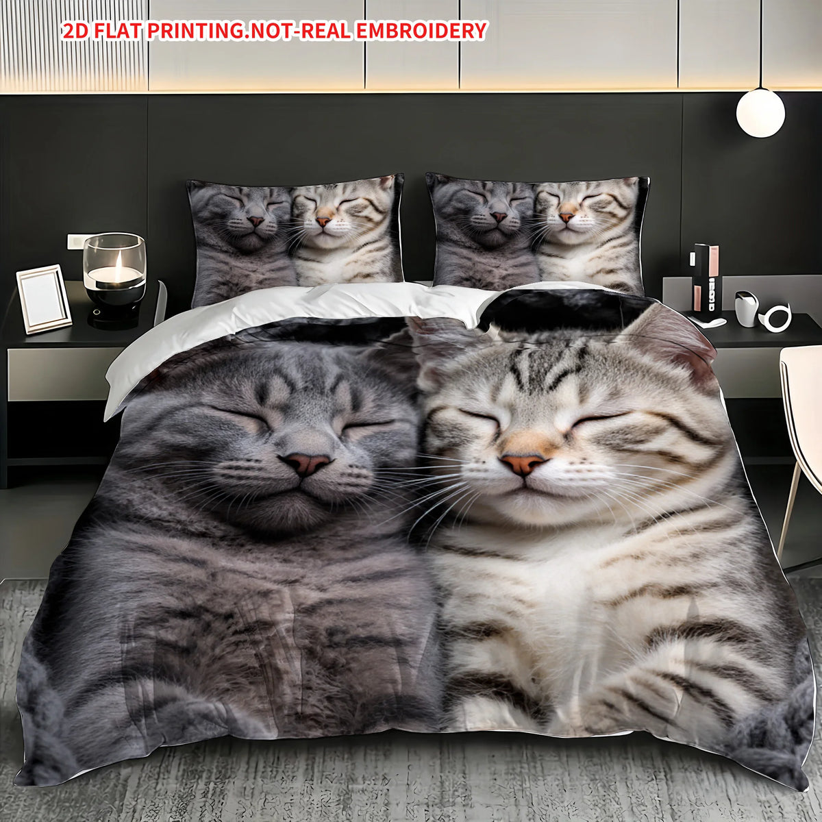 housse couette motif chats endormis gris blanc moderne machine lavable