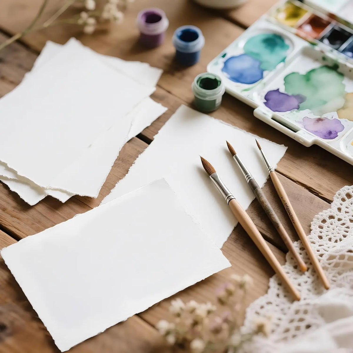 feuilles aquarelle blanc fleurs bleues texture rugueuse artisanal 300gsm clips pinceaux palette peinture boîte