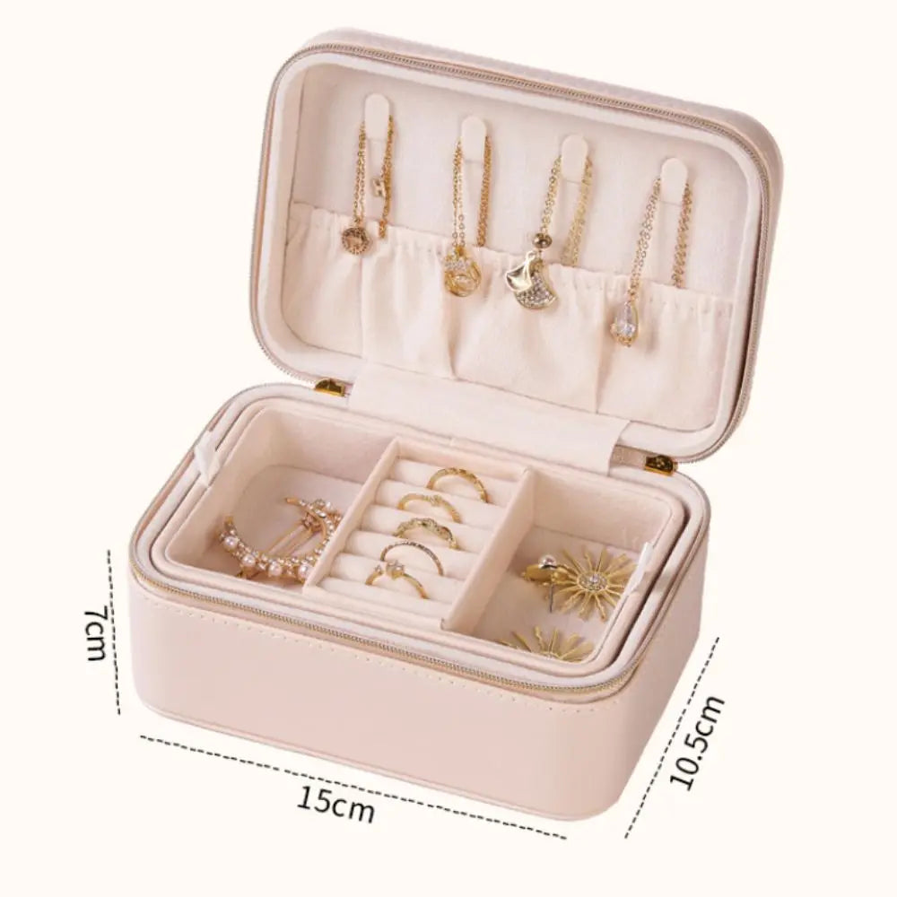 boîte bijoux simili cuir rose clair marron moderne fermeture glissière boucles oreilles bagues colliers