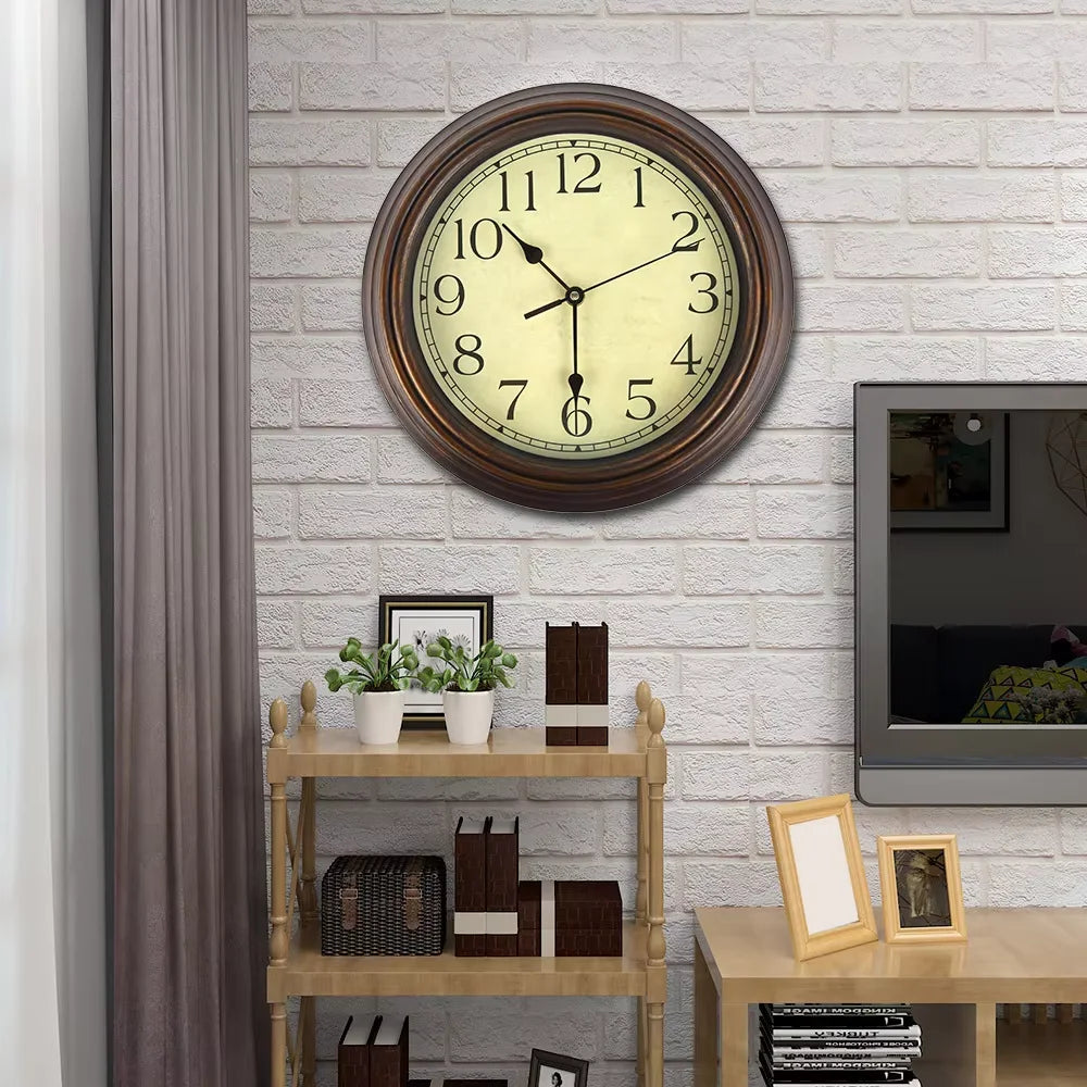 horloge murale classique vintage aiguille sans tic tac marron jaune cadrans chiffres romains salon