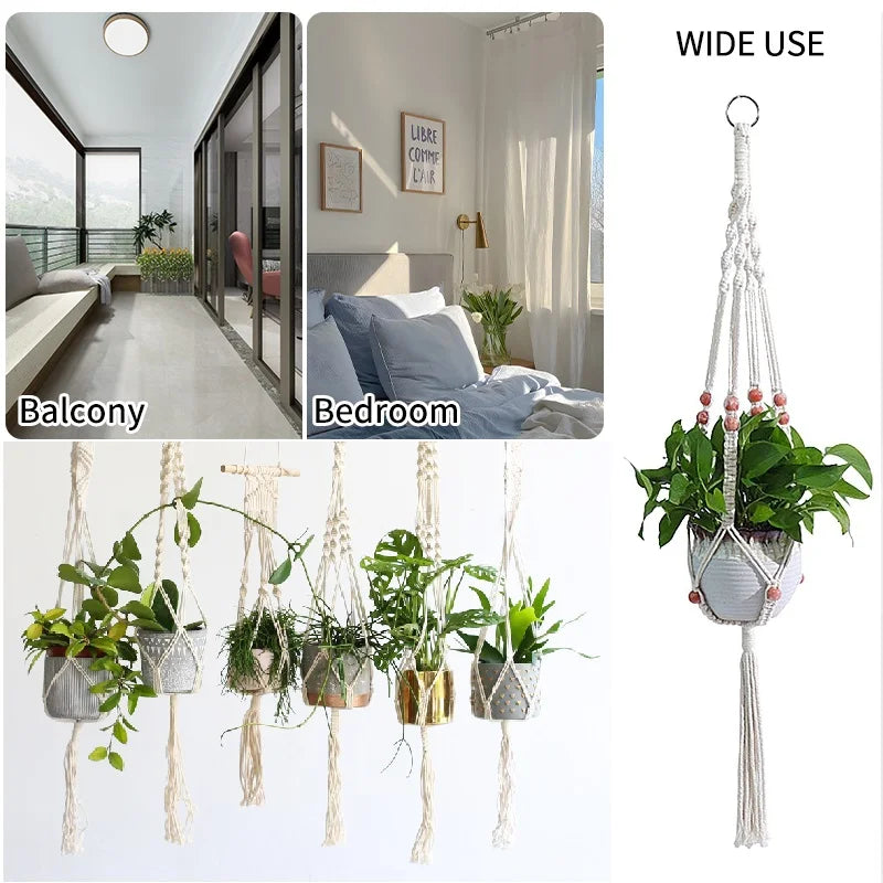 Macramé suspendu plante boho tissé main motifs géométriques anneaux métalliques