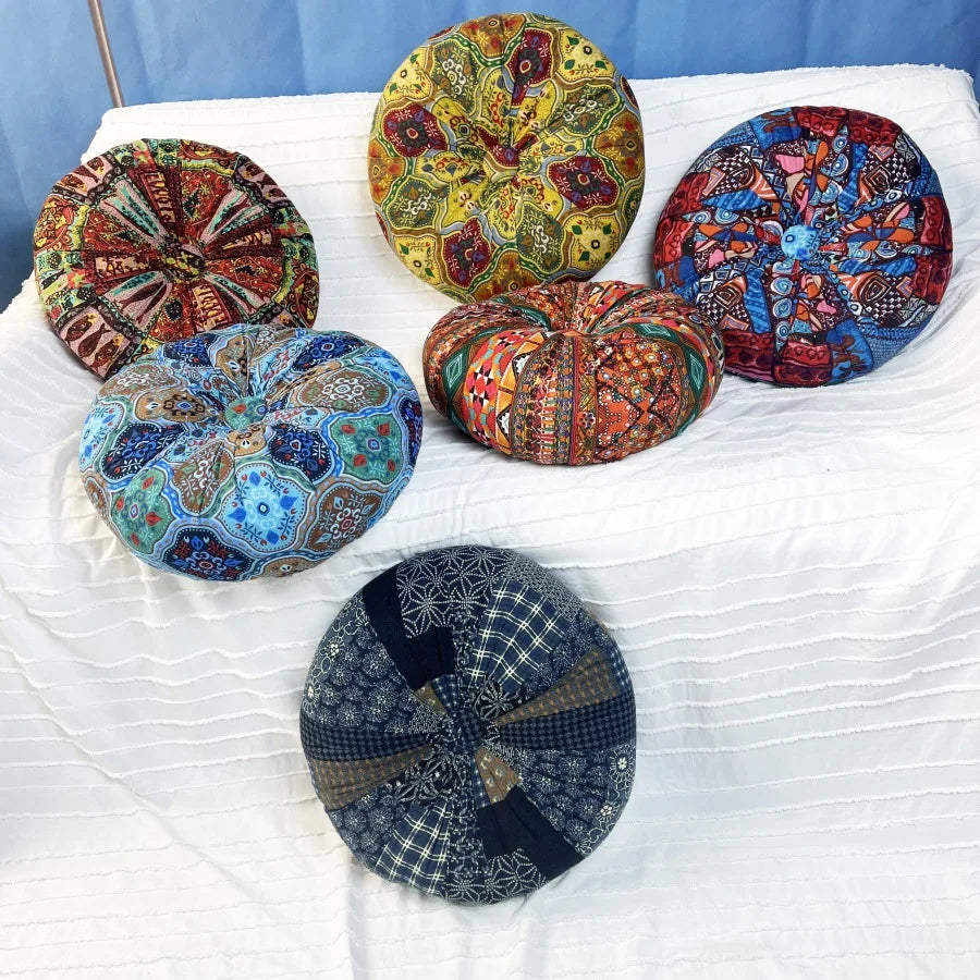 coussin siège rond bohème motifs floraux géométriques velours cotonnable intérieur extérieur