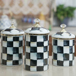 contenants cuisine porcelaine émaillée carreaux géométriques bleu blanc rose classiques