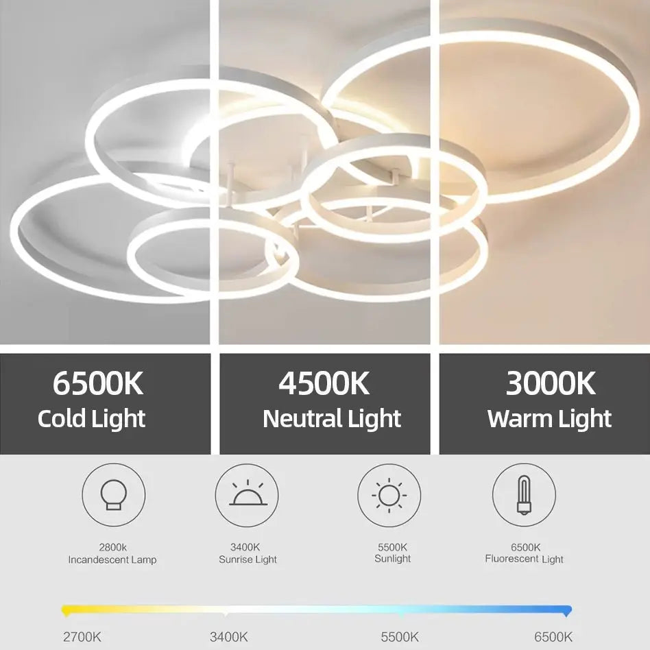 luminaire moderne or blanc anneaux concentriques éclairage led télécommande contemporain minimaliste chambre salon