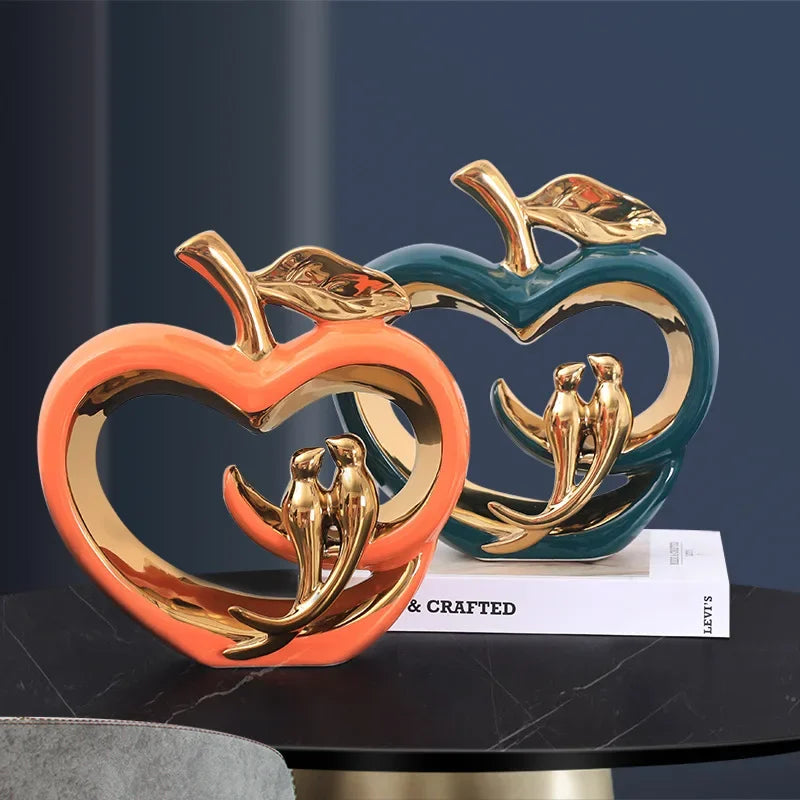 sculptures décoratives pommes oiseaux vert foncé orange lisses émaillées moderne artistiques élégantes