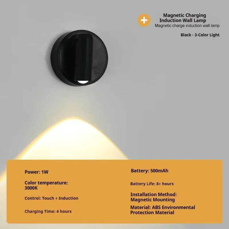 lampe murale led rechargeable détecteur mouvement blanc noir moderne bouton tactile changement couleur allumage