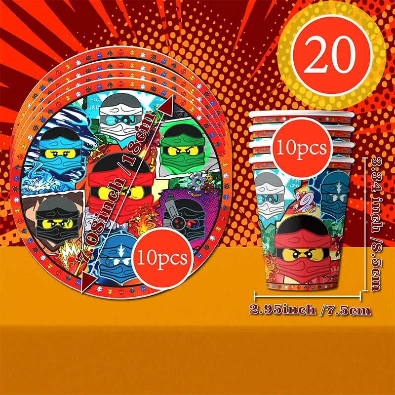 décoration anniversaire ninja multicolore bracelets assiettes verres festif enfants pack 20 assiettes 10 verres