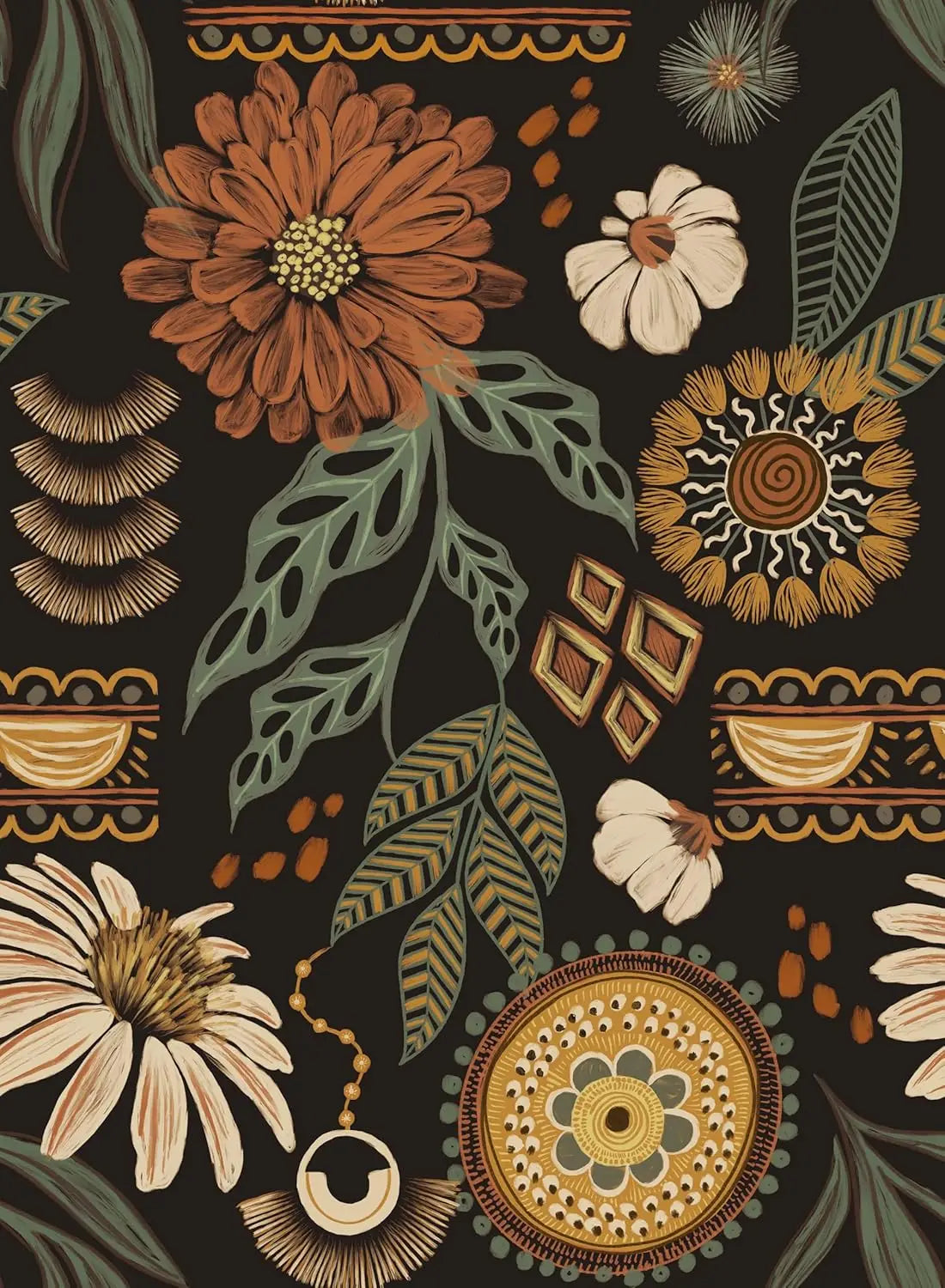 papier peint autocollant fleurs stylisées vintage ethnique résistant l'eau noir marron beige vert