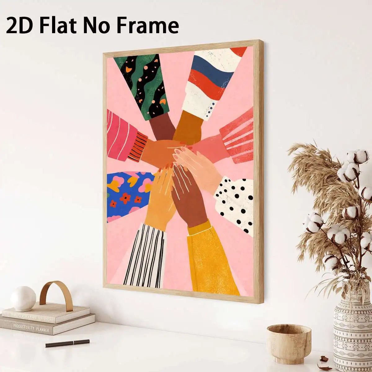 affiche abstraite mains entremêlées géométrique moderne rose vert bleu noir blanc marron clair sans
