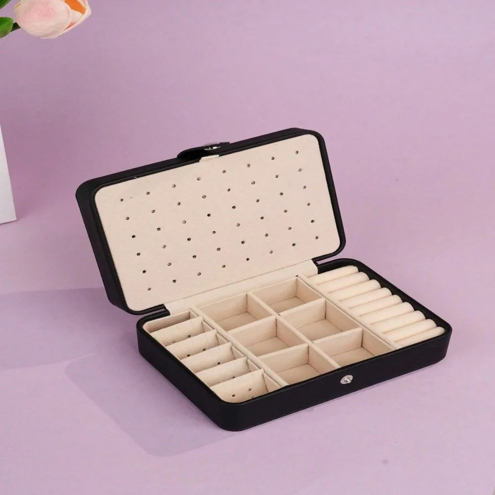 boîte bijoux simili cuir moderne noir rose bleu compartiments boucles anti poussière opaques haute