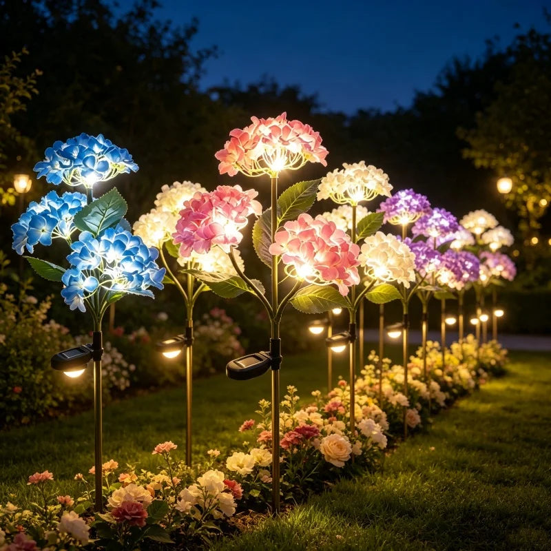lampe solaire bleue rose blanche violette fleurs hortensias piquet métallique extérieur moderne
