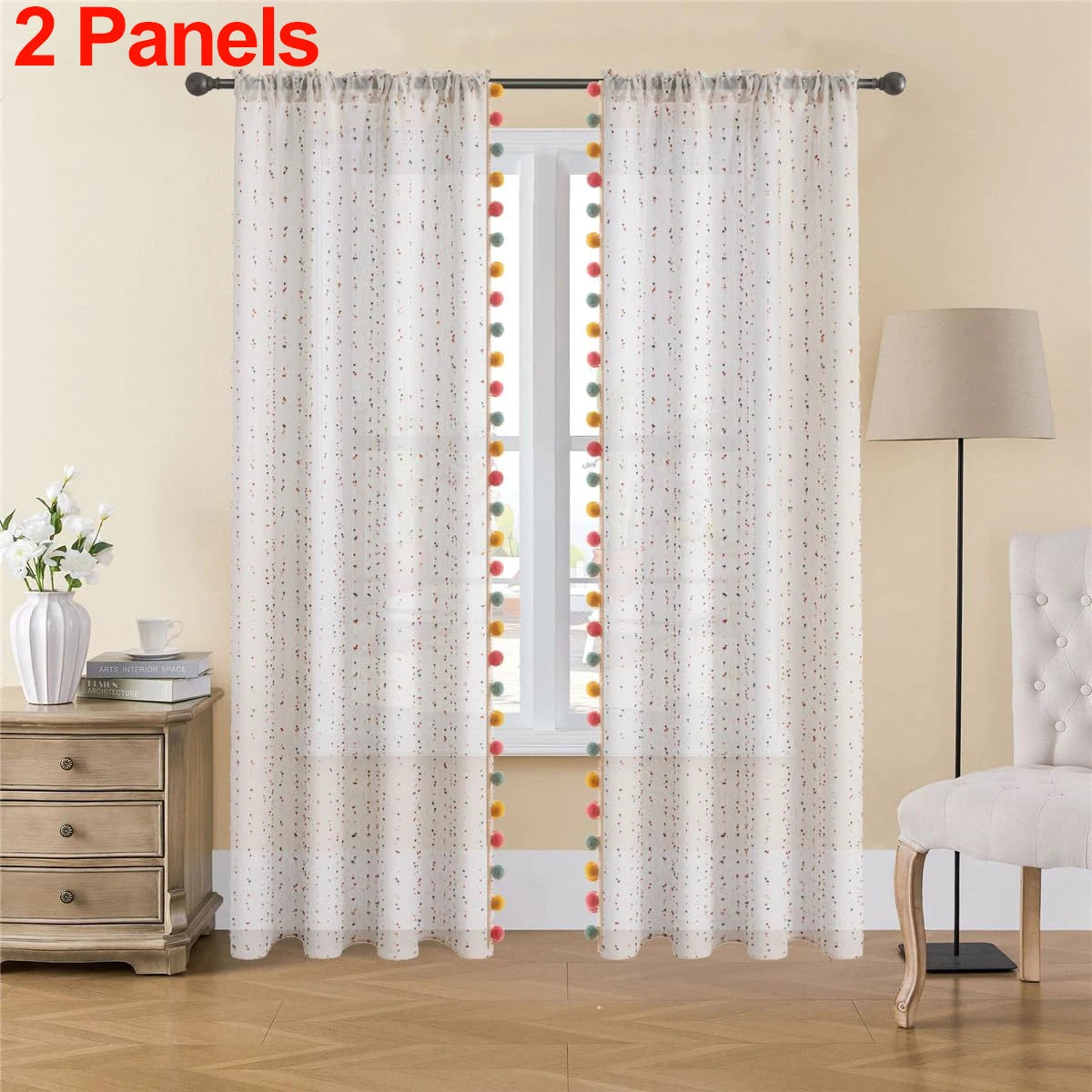 rideaux transparents colorés moderne pompons panneaux fenêtre chambre enfants