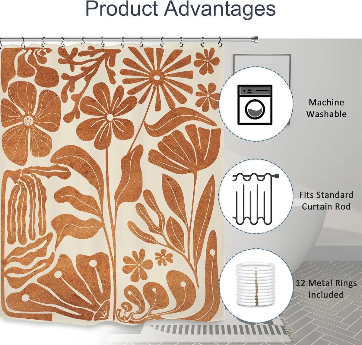 rideau douche moderne fleurs stylisées beige marron opaque polyester 180x200cm decoration bain