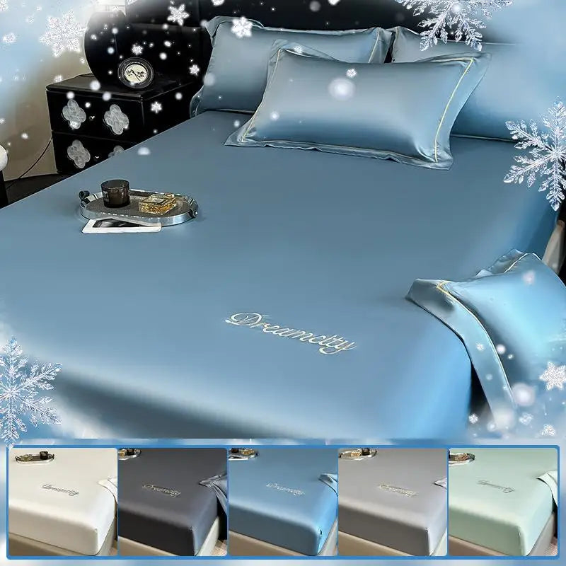 drap housse satin bleu clair luxe lit adulte coton doux élégant fixation solide