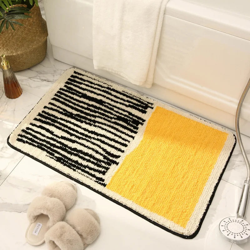 tapis bain moderne bleu clair noir rayures beige géométrique absorption eau salle bain polyester