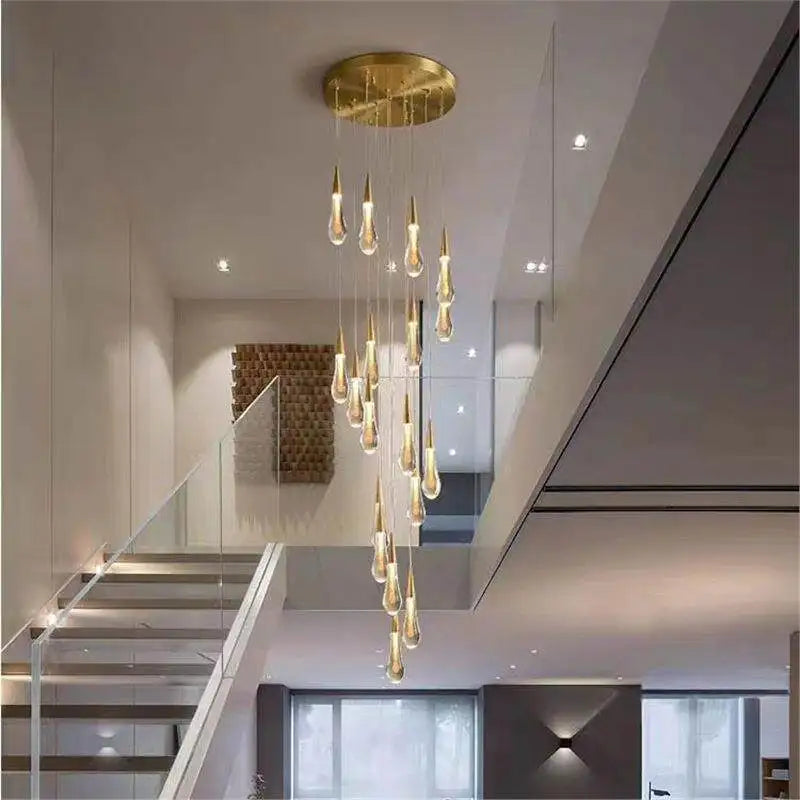 suspension lumineuse moderne cristal doré transparent gouttes verre led