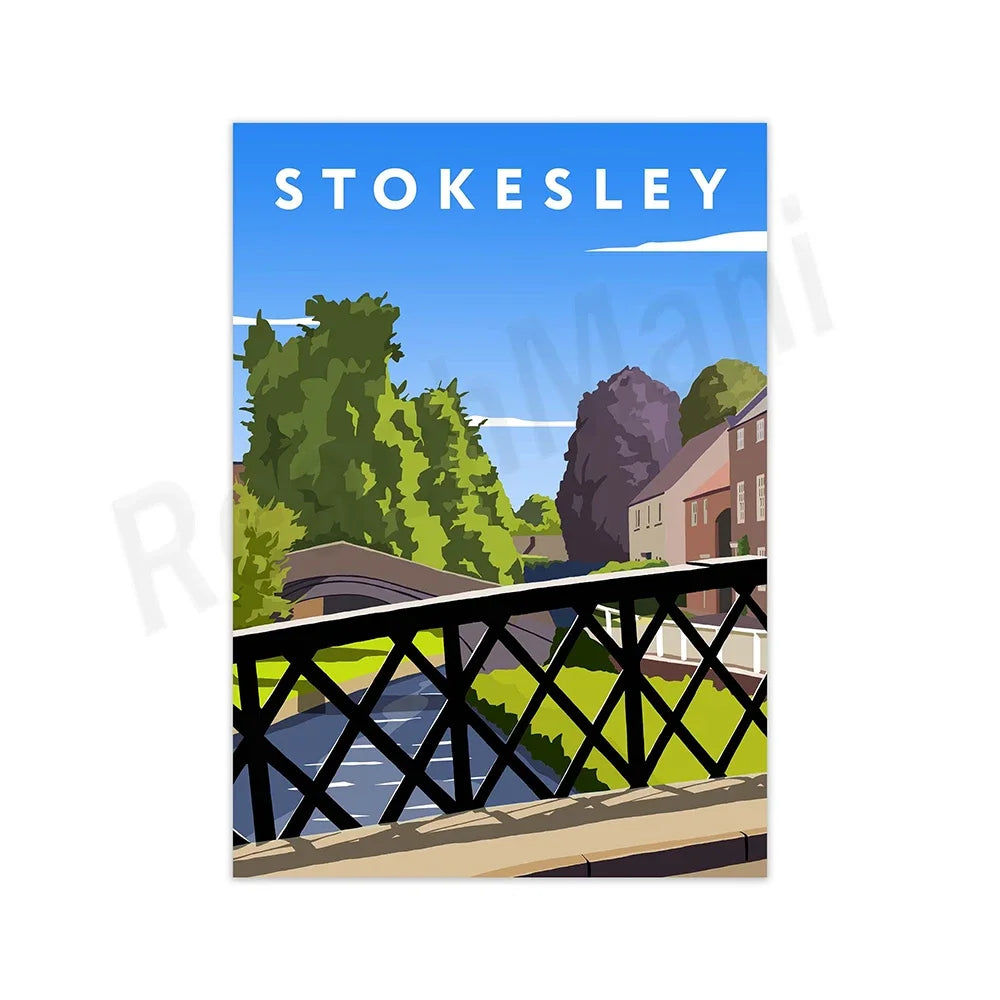 Illustration de Stokesley, une ville pittoresque, avec un pont en bois traversant une rivière entourée de verdure et de montagnes.