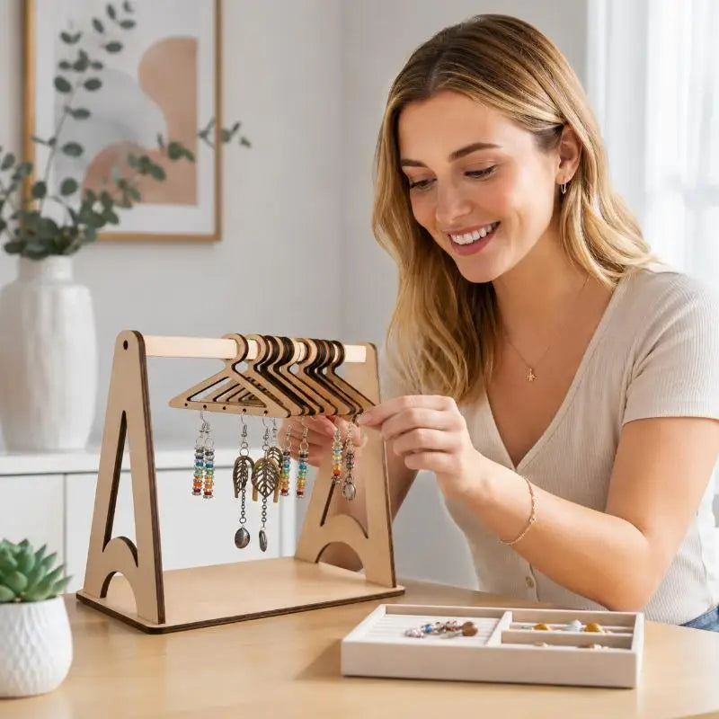 support bijoux bois naturel minimaliste clips suspendu organisation coiffeuse voyage