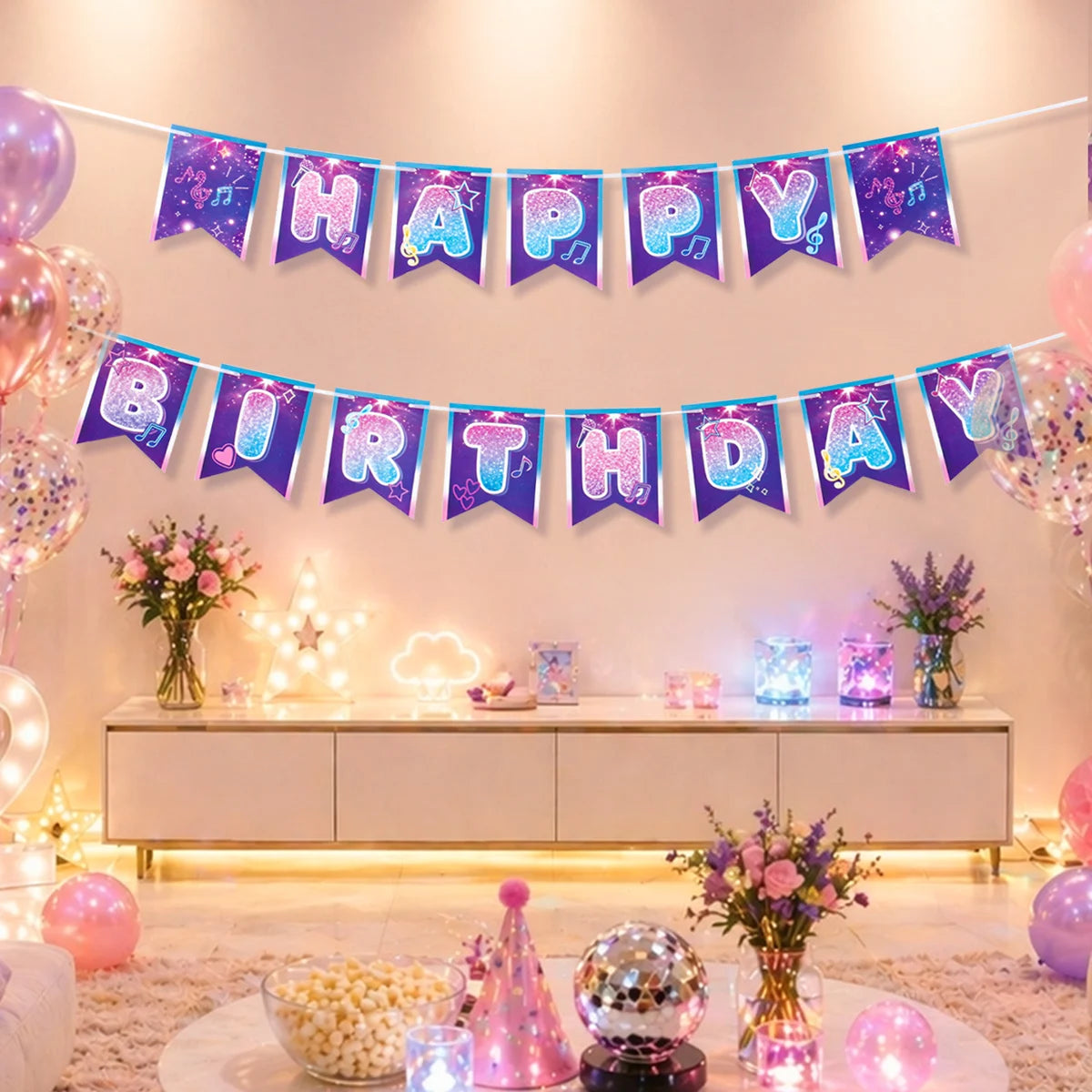 guirlande fanions violet bleu blanc rose étoiles notes musicales paillettes fil festif anniversaire enfant