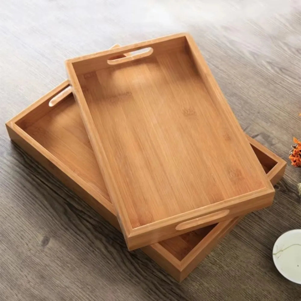 plateau service bambou moderne plateaux rangement poignées tasses thé assiettes gâteauxDecorationMaison
