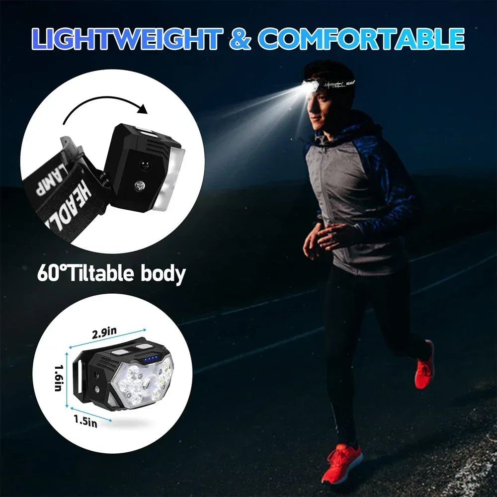 lampe frontale noire rayures jaunes led motion sensor ceinture ajustable camping