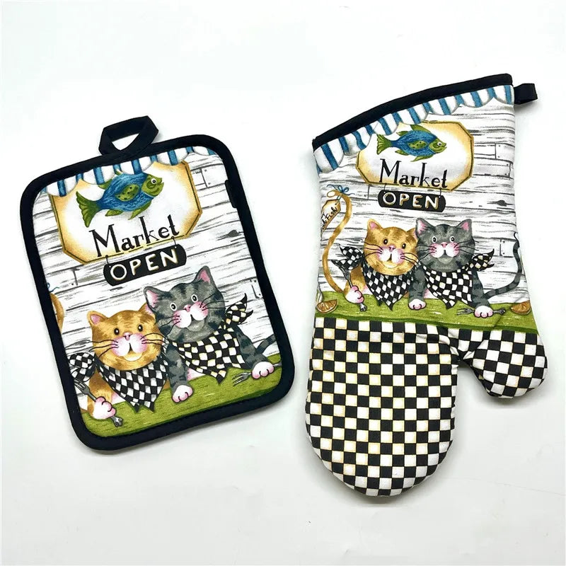 gants cuisine poignées plat motifs cuisine vintage rustique blanc noir rouge vert beige marron