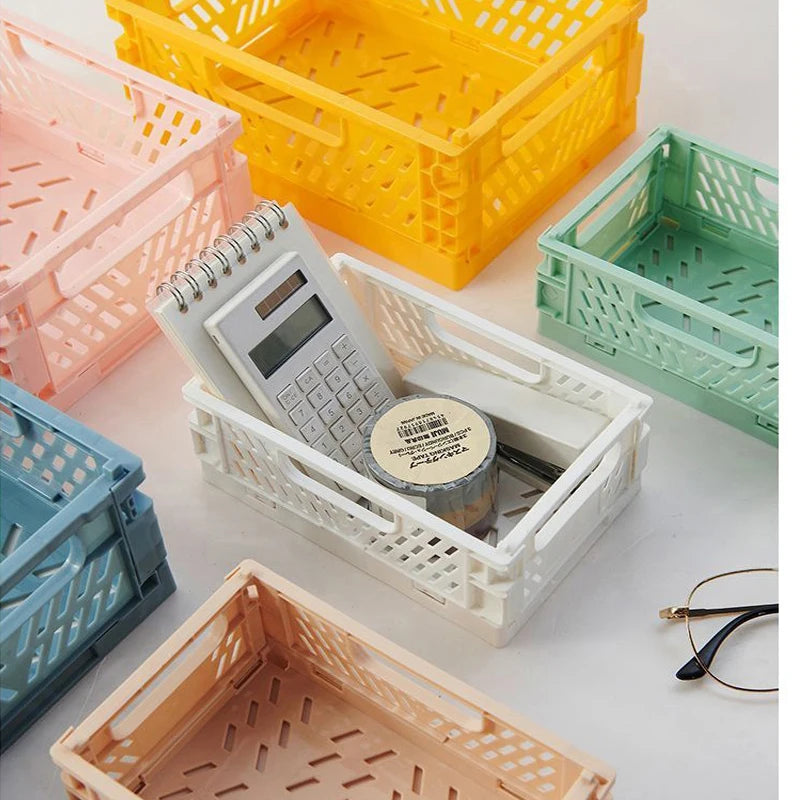 paniers pliables plastique bleu clair jaune rose vert pastel perforations modernes pratiques poignées